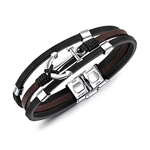 Unendlich U Pulsera Ancla para Hombre Infinito U Pulsera de Cuero de Tres Capas Acero Inoxidable, Idea Regalo para Hombre