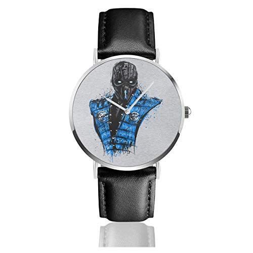 Unisex Business Casual Mortal Kombat Mortal Ice Sub Zero Relojes Reloj de Cuero de Cuarzo con Correa de Cuero Negro para Hombres Mujeres