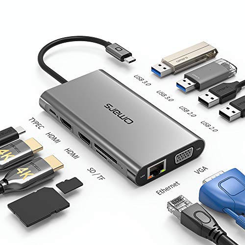 USB Docking Station Pantalla Triple, Omars 11 en 1 hub Tipo C adaptador 2 hdmi 4k 60hz ,RJ Ethernet, VGA, 4 USB 3.0,Lector de Tarjetas SD / TF, PD de 100 W para tab s6 lite /ipad air 4/macbook pro/air