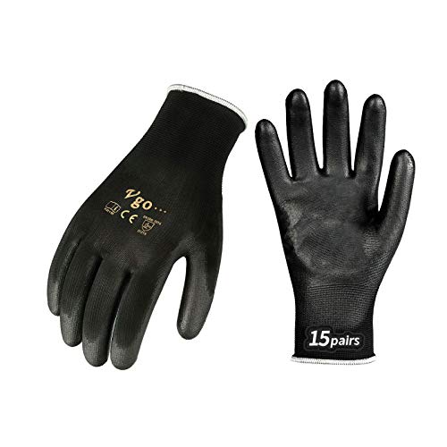 Vgo 15Pares Guantes PU Jardinería y Guantes Trabajo Ligero (Negro, Talla 7/S, PU2103)