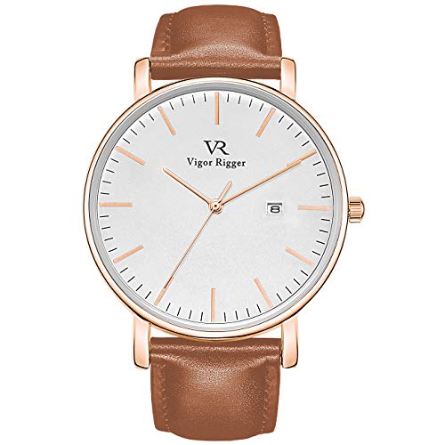 Vigor Rigger Reloj para Hombre Reloj para Mujer Ultra Fino Reloj analógico Cuarzo Movimiento Señora Reloj Fecha Calendario Pantalla Correa de Cuero 30M Resistente al Agua