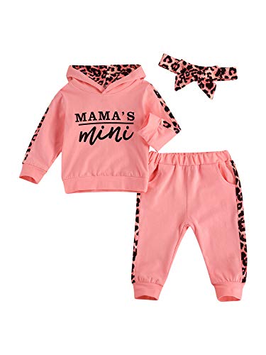 WangsCanis Conjunto de 3 piezas para niña de manga larga con diseño de letra con capucha, jersey de leopardo, pantalones y diadema Rosa 70 cm