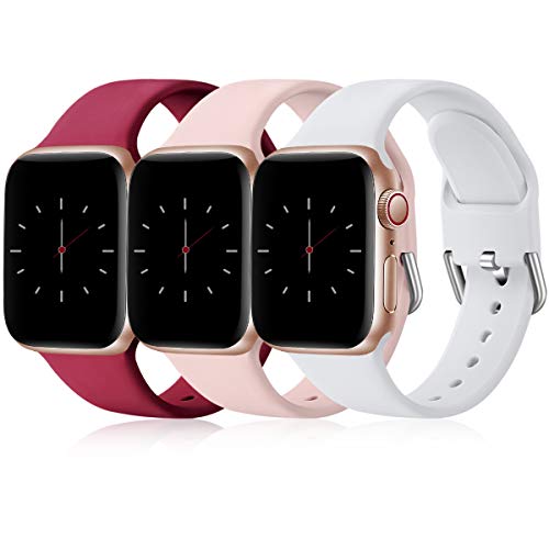 Wepro 3 Pack Correas Compatible con Apple Watch Correa 38mm 42mm 40mm 44mm, Correa de Silicona Suave de Repuesto Compatible con iWatch Series 6, 5 4 3 2 1, SE, 42mm/44mm-M/L, Rojo/Rosa/Blanco