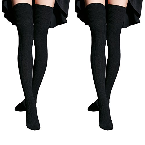 WhiFan Calcetín Alto +Calentador De La Pierna, Calcetines Largos Señoras Calcetines Mujer Sobre la Rodilla Largos Señoras Invierno Estiramiento Algodón Calcetines De La Rodilla (2Pack(Black))