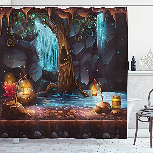 wobuzhidaoshamingzi Cortina de baño Fantasy Decor de, Bosque Encantado con Cascada de la Cueva y Imagen de Elfo de Barril de Oro de Árbol Mágico