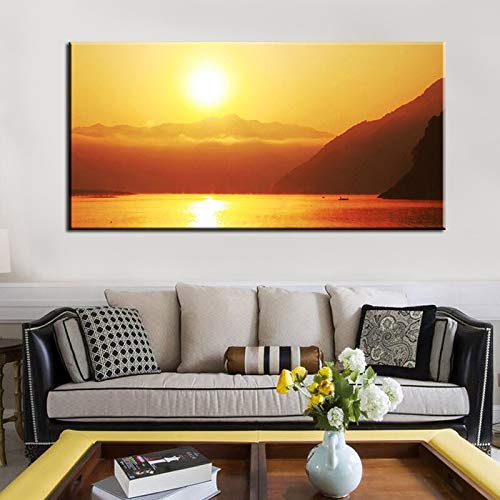 wZUN Atardecer Naturaleza Lago montaña Paisaje Lienzo Pintura Carteles e Impresiones nórdico Sala de Estar Mural Imagen 50x100cm