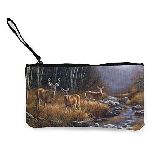 XCNGG Monederos Bolsa de Almacenamiento Shell Women's Canvas Zip Around Wallet Ladies Clutch Travel Purse Wrist Strap Rustic Animal World Wildlife River Edge Deers