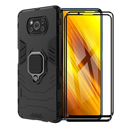 XIFAN Funda para Xiaomi Poco X3 NFC, [Robusto] Anillo Metálico Soporte [Funciona con El Montaje De Coche Magnético] Case Carcasa, Negro + 2 Piezas Protector de Pantalla