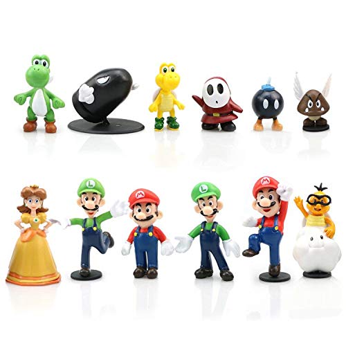 Yisscen Juego de 12 figuras de Super Mario Bros, para decoración de tartas, decoración de fiestas, decoración de mesa, figuras coleccionables