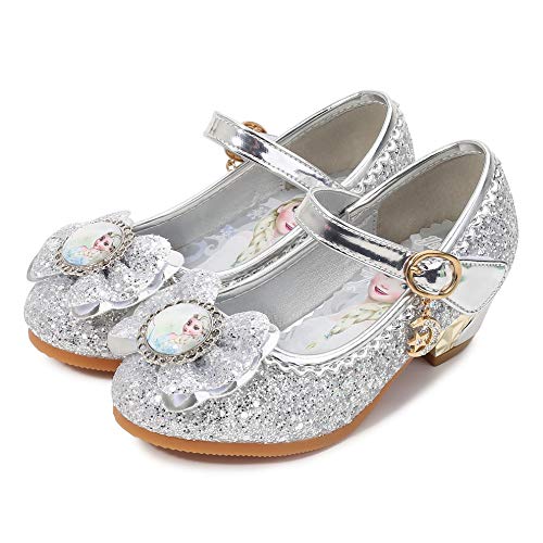 YOSICIL Disfraz Princesa Zapatos Frozen Elsa Zapatos de Lentejuelas Antideslizante Niñas Zapatos de Tacón Velcro Zapatillas de Baile para Vestir Fiesta Cumpleaños Boda Infantil 3-14 Años