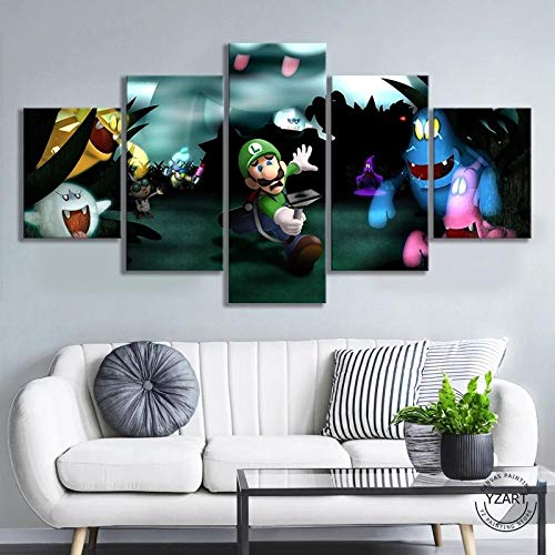 YQRX Cuadros En Lienzo 5 Panel Moderna Inicio Decoración Lienzos Imagen HD Imprimir Pintura sobre Lienzo Obras Póster Luigis Mansion Horror Game DecoracióN NavideñA Cuadro/150X80CM