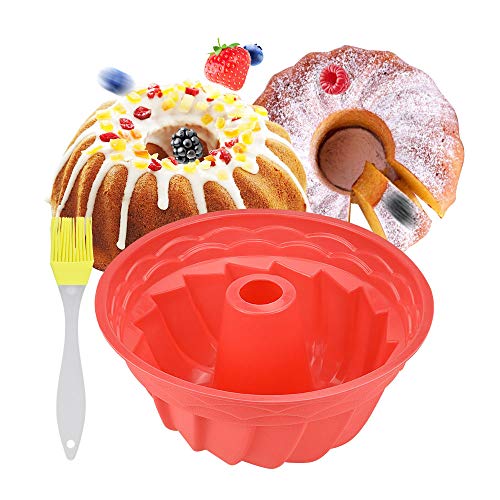 YUSHIWA Molde de Silicona Redondo Moldes Savarin Molde de Torta con Cepillo de Cocina Molde para Hornear Galletas Pastel Chocolate (Rojo, 9in)