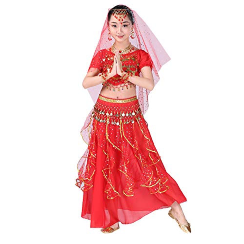 YWLINK Danza del Vientre, NiñAs India Danza del Vientre Danza Egipcia Traje De Rendimiento Conjunto De 2 Piezas Traje De Baile Vestido De Fiesta Bien Parecido(Rojo,4-9 años/S)