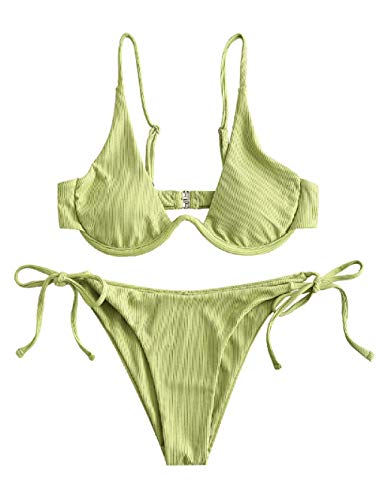 ZAFUL Bikini de dos piezas para mujer, diseño de leopardo, cruzado, push up, acolchado, traje de baño verde M