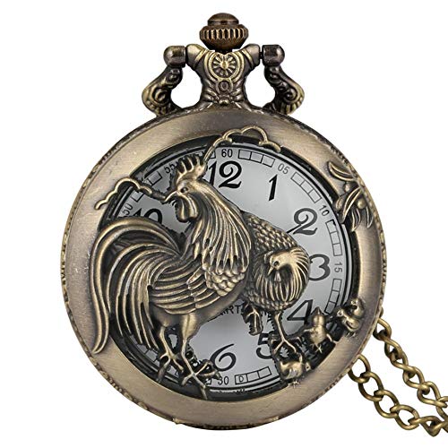 ZHAOXIANGXIANG Reloj De Bolsillo,Retro Bronce Chino Zodiaco Gallo Reloj De Bolsillo Colgante Animal Reloj Hueco Collar Cadena Arte Coleccionable Regalos Regalo Conmemorativo