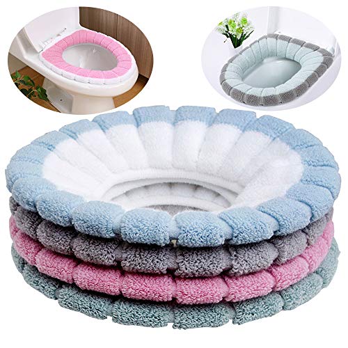 Ziyero 4 Piezas Cojín Antibacteriano Más Grueso para Asiento Inodoro Estirable Lavable Cojines Asiento Inodoro Anillo de Plástico Incorporado, para Mujeres, Futuras Madres, Ancianos—Colores Mezclados