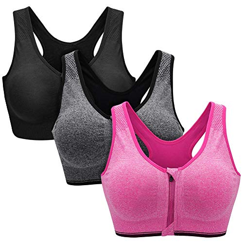 ZOEREA Sujetador Cierre Delantero Deportivo para Mujer Gimnasio Ropa con Almohadillas Extraíbles para Correr Sin Costuras Yoga Fitness (L: fit 80C 80D 85A 85B 85C, Negro + Gris + Rosa)