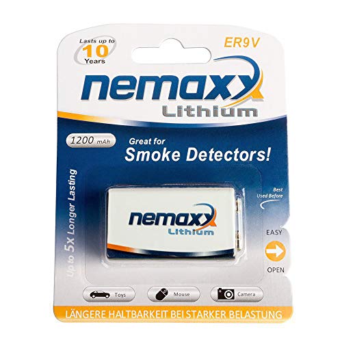 1x Nemaxx batería de 9 voltios de Litio para detectores de Humo con 10 años de duración 1x Nemaxx batería de 9 voltios de Litio para detectores de Humo con 10 años de duración