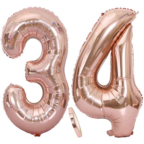 2 Globos Número 34 Oro Rosa, Ouceanwin Gigante Foil Globos Numeros 34 Grande Globo de Papel de Alumini, 40" Globo Inflable Helio para Decoraciones de Fiesta de Cumpleaños 34 Años Señoras (100cm)