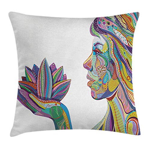 ABAKUHAUS Oeste Funda para Almohada, Yoga Espiritual Mujer con Flor de lotos Líneas Ornamentales Diseño Boho Zen, Estampa Digital en Ambos Lados con Cremallera, 40 x 40 cm, Multicolor