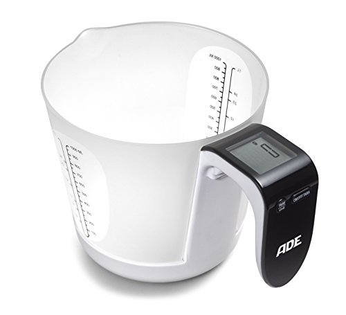 ADE Báscula digital de cocina con vaso medidor KE919 Franca. Balanza electrónica de cocina especialmente para pesar y medir liquidos. Vaso extraíble. Incluye baterias.Blanco y negro