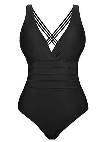 Aibrou Bañador Mujer Sexy,Trajes de baño de Una Pieza Cuello en V Profundo bañador Flores Reductor Halter con Espalda Vendaje Monokini Verano Vacaciones Playa, (Negro, L)