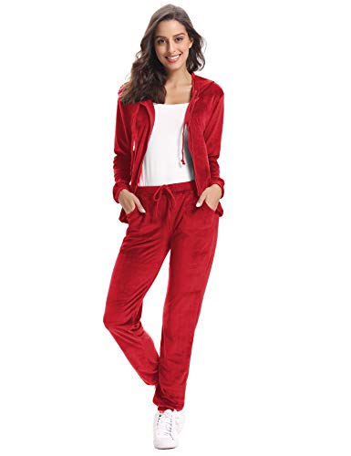 Aibrou Chandal Terciopelo Conjunto Chandal de Mujer Sudadera  con Cremallera y Capucha,Chándal de Completo Chándal Invierno Conjunto Deporte Conjunto Pijamas (Rojo 2, XL)