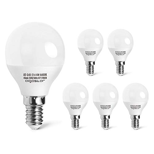 Aigostar - Pack de 5 Bombillas esfericas LED A5 G45, 5 W Ahorro de energía, 425 lúmenes, Casquillo fino E14, Luz blanca 6400K - 5 unidades