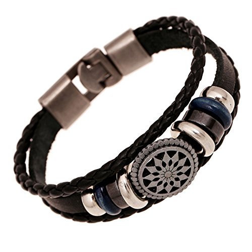 AIUIN 1X Retro Brazalete Patrón de Logotipo de Dios del Sol Pulsera de Cuero Trenzado para Hombre Pulsera Decorativa (21CM)