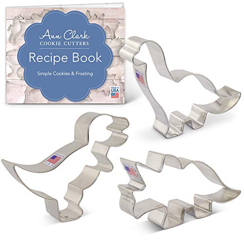 Ann Clark Cookie Cutters Juego de 3 cortadores de galletas dinosaurio con libro de recetas, tiranosaurio, brontosaurio y triceratops