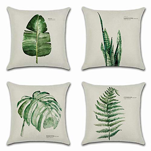 Artscope Set de 4,Funda de Cojín 45x45cm,Funda de Almohada para Cojín Cuadrado Algodón Lino para Sofá Cama Decoración para Hogar (Hoja Verde Simple)