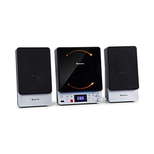 auna Microstar – Minicadena de música Vertical, Reproductor de CD, Bluetooth, Altavoces estéreo, USB, Pantalla LCD, iluminación LED, Vertical o en Pared, Entrada AUX, Plateado