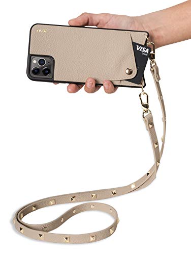 Aux de la colección Venecia | Funda para móvil de Cuero Vegano para iPhone XR | con Correa Cruzada Ajustable y Separable con Tachuelas chapadas en Oro, (Beige Claro)