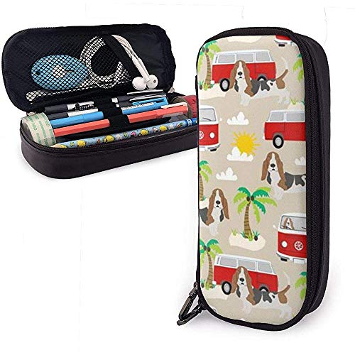 Basset Hound Summer Beach Cute Pen Estuche para lápices Cuero Gran capacidad Cremalleras dobles Bolso para lápices Bolso Estuche para lápices 20cm * 9cm * 4cm