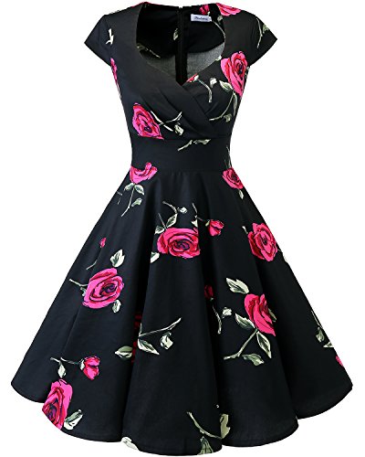 Bbonlinedress Vestido Corto Mujer Retro Años 50 Vintage Escote En Pico Black Red Brose M