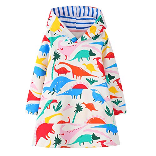 Bebé Niñas Sudadera con Capucha Vestidos Dinosaurio Multicolor Algodón Largo Túnica Pullover Tops Manga Larga Suéter Casual Otoño Invierno 2 3 4 5 6 7 años