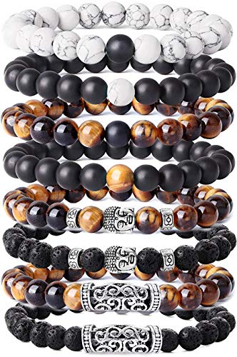 Besteel 8PCS 8MM Bolas Pulseras para Hombre Piedra Volcánica Pulsera de Ojo de Tigre Amarillo Pino Blanco de Buda Cabeza Pulsera Rock Gotica Punk de Pulsera Set