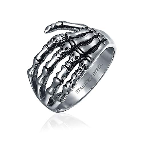 Bling Jewelry Goth Punk Moto Skelton Balancín Banda Mano Anillo para Hombres para Adolescentes, Acero Inoxidable Tono Plata Oxidada