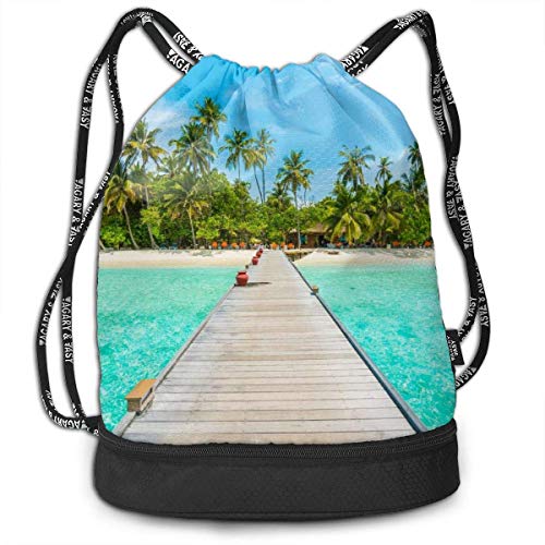 Bolsas de Gimnasia, Men & Women Premium Polyester Drawstring Backpack Turquoise Blue Lagoon Tropical Island Daypack For Sport Soccer Baseball Bag Large For Camping, Yoga Runner