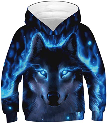 Boy's Hoodie Realistic 3D Print Sweatshirt Kids Long Sleeve Pocket Casual Pullover 1blue Wolf 9-10 Years