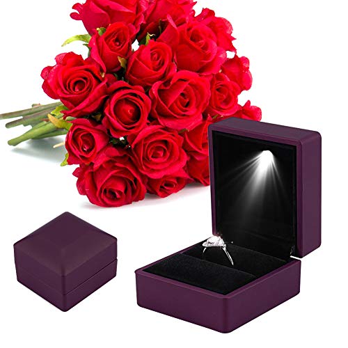 Caja De Anillo De Compromiso Con Luz, LED Iluminado Hasta Almacenamiento Vitrina Para Monedas, Pendientes, Joyas Para La Propuesta, Boda, Regalo(Morado)