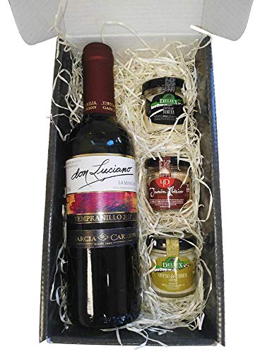 Cajita para Regalo Deliex, Vino Don Luciano Tempranillo y 3 Cremas (Paté, Queso de Torta y Queso de Cabra) para untar.