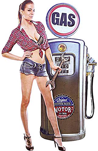 Cartel de chapa XXL Pinup, con llave inglesa de gasolinera, 88 x 57 cm, YH602378