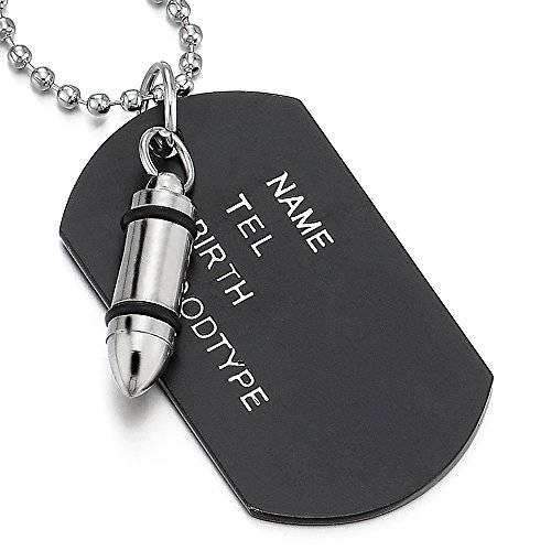 COOLSTEELANDBEYOND Dos Piezas Negro Dog Tag Bala, Collar con Colgante de Hombre, Bola Cadena 70CM