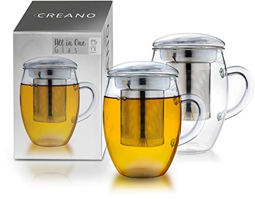 Creano Juego de 2 tazas de té All in One de 400 ml con colador de acero inoxidable y tapa de cristal, en un atractivo paquete de regalo (2 x 400 ml)