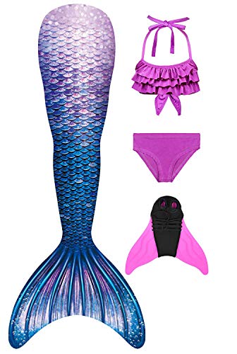 Decool - Traje de baño para niña con cola de sirena. Cosplay de princesa para nadar, juego con bikini y aleta, juego de 4 piezas Ps02 120/130 cm