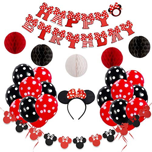 Decoraciones de cumpleaños de Minnie Mouse rojas y negras para niñas con pancarta de feliz cumpleaños, guirnaldas, diadema y globos de lunares