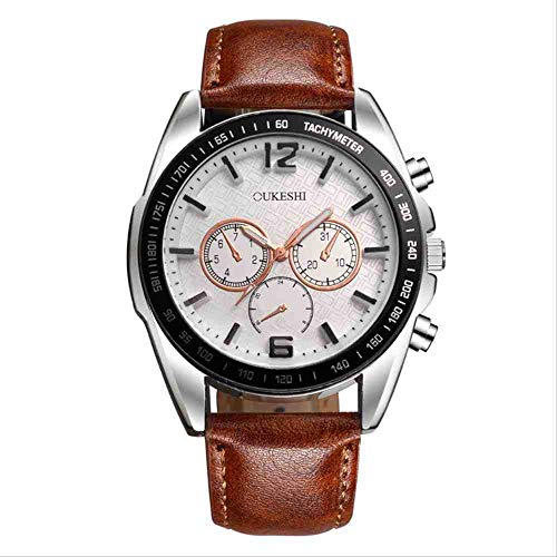 DECTN Reloj de Pulsera Nueva Elegante Correa de Cuero de Tres Ojos Reloj Casual para Hombre marrón con Cara Blanca