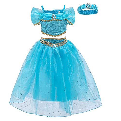 Disfraz Jasmine Niña Aladdin Princesa Jazmín Tops Pantalones Manga Corta Traje Cosplay Actuación Fiesta Carnaval Navidad Regalo a Hija Cumpleaños Danza Vientre Vestido 04 Azul 2-3 Años