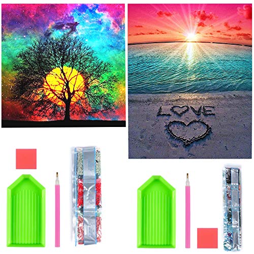 DIY 5D Diamante Pintura Kits, GuKKK 2 Pcs Kit Completo Redondo del Rhinestone de la Pintura del Paisaje, DIY 5D Diamond Pintura por Número Kit, para Pared Decoración del Hogar(30 cm x 30 cm)